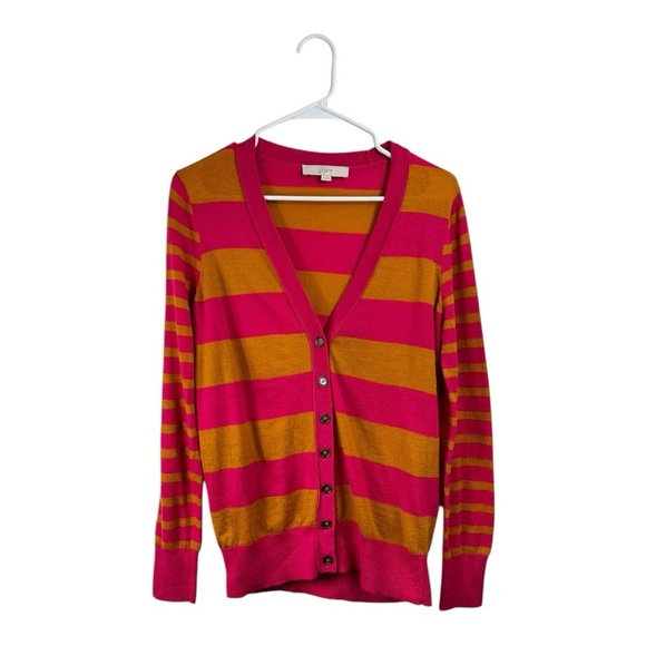 Ann Taylor Loft Size Medium Pink Mustard Button Up Cardigan Sweater Wool Blend - Picture 1 of 5